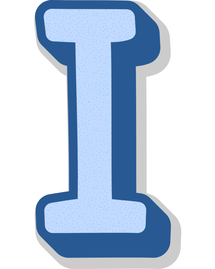 Letra I azul con borde azul oscuro y sombra gris, símbolo de idealización y tercer paso de la metodología C.R.I en Descúbrete con Instrucciones